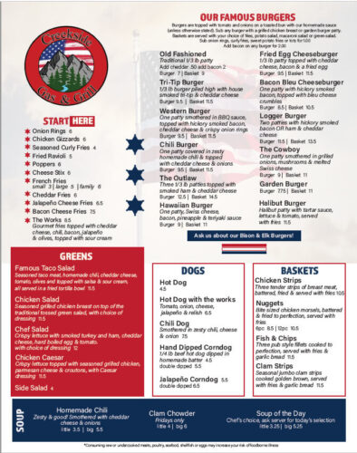 Creekside Restaurant Menu Design Services